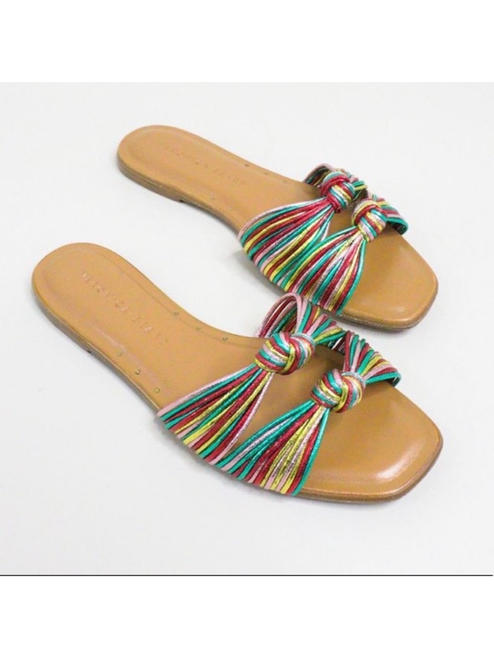 Veronica Beard Gemma Sandal Rainbow Knotted Metallic Flat Leather Sz 37 US 7